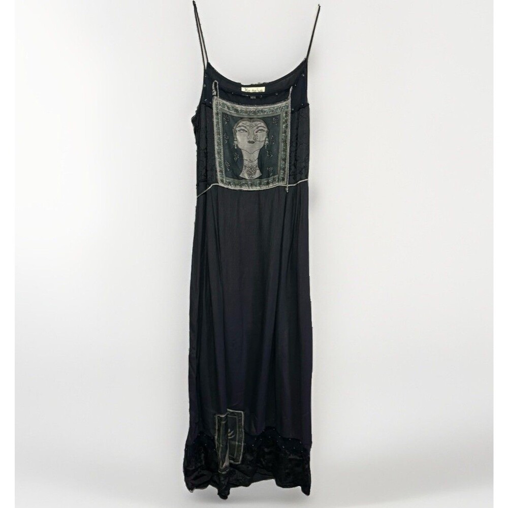 Nataya Bohemian Blue Maxi Dress Medium Artistic Print Bead Whimsical Mystic 90s